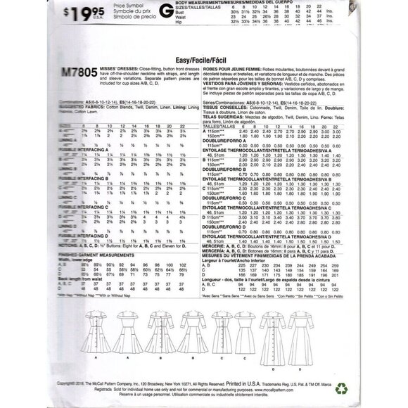 McCall's M7805 Misses 14 to 22 Off The Shoulder Dresses Uncut Sewing Pattern New - Picture 2 of 2